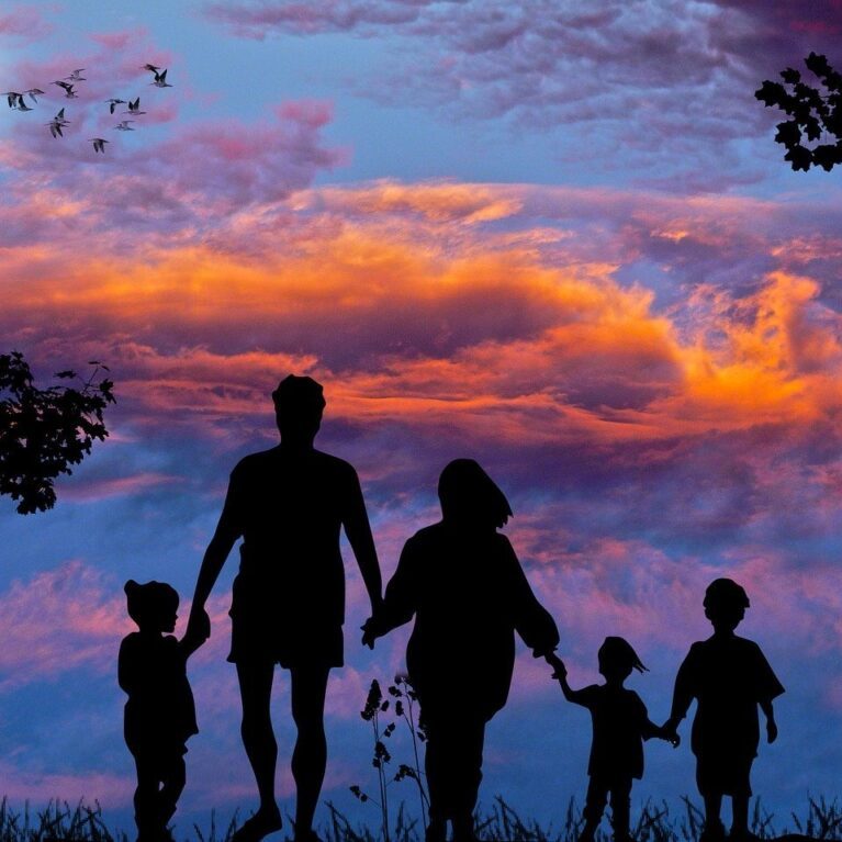 family Silhouette family photo with red night sky